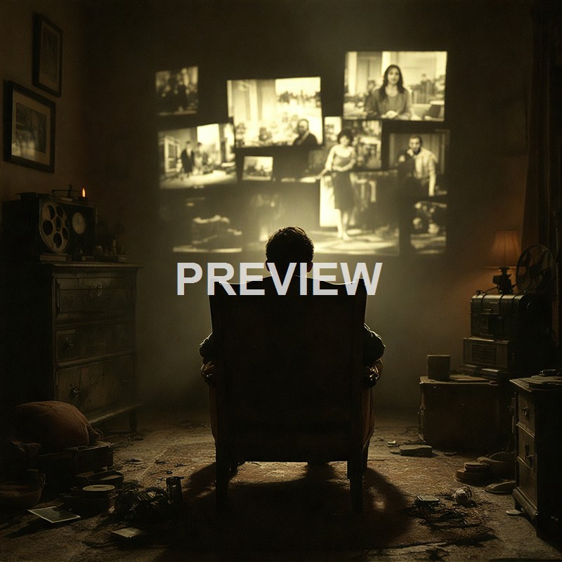 A person sits in a dimly lit room watching black-and-white footage projected onto the wall, surrounded by vintage furniture and scattered objects.